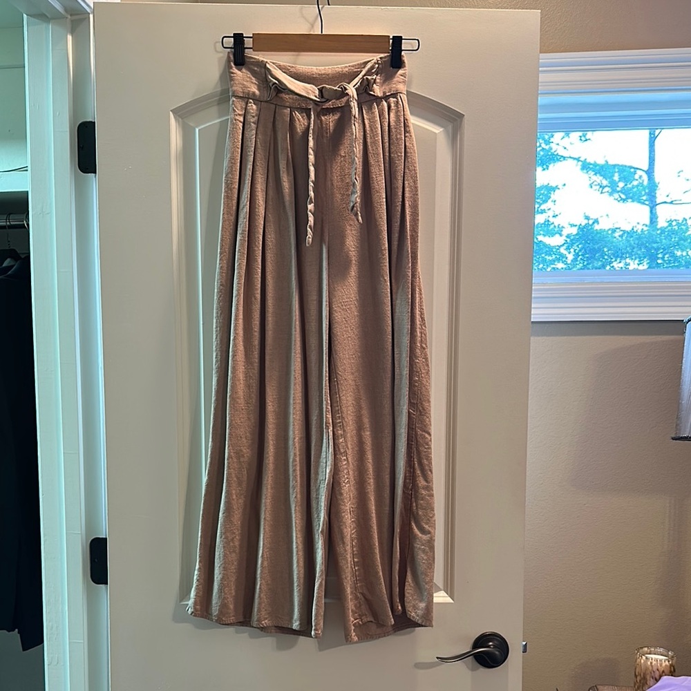 Tan Wide-Leg Flowy Pants